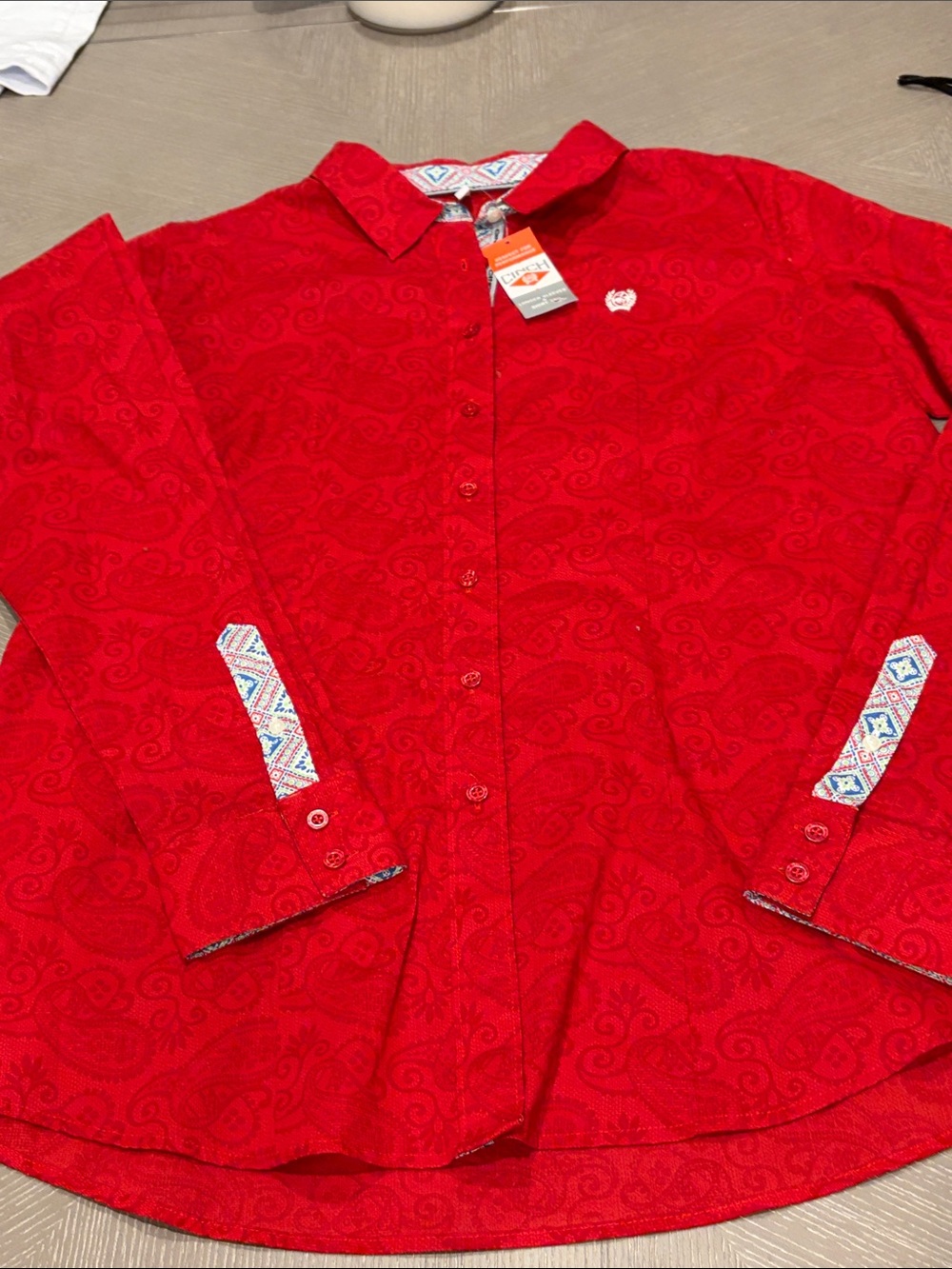 Cinch Red Paisley Button-Front Shirt with Embroidered Accents
